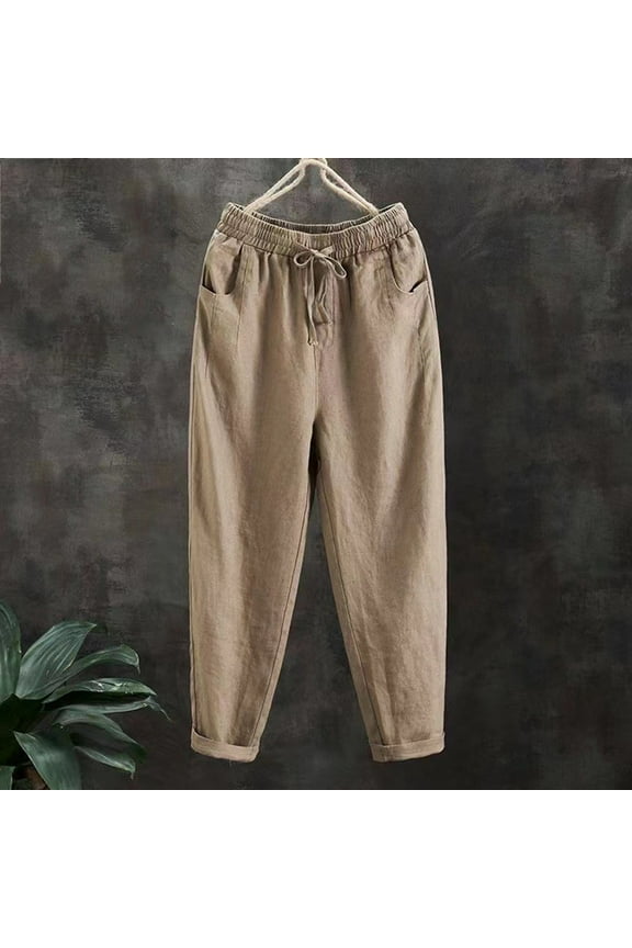 Womens Wide Leg Pants Taper High Waisted Long Casual Trousers Cotton Linen Drawstring Straight Fit Pants with Pockets