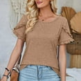 thumbnail image 1 of QUINDOS Yellow Women's Plus Size T Shirts Cotton Summer Short Sleeve Ladies Tops Solid Ruffle Sleeve Trip Crew Neck Tops, 1 of 4