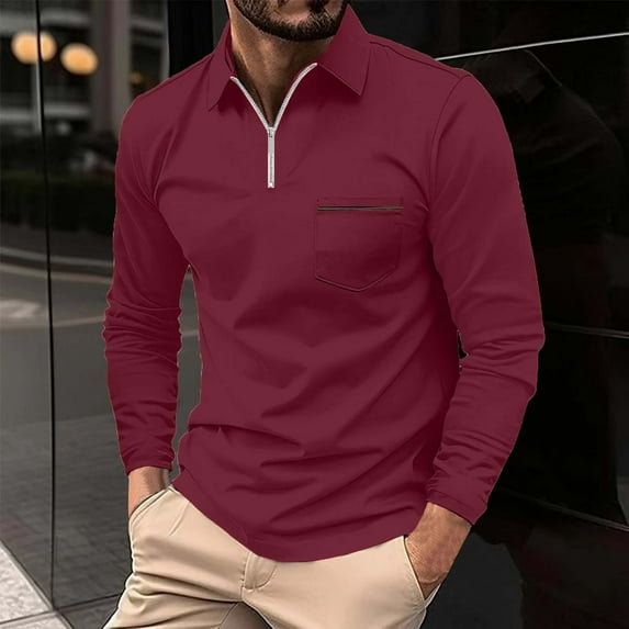 QUINDOS Zip Long Sleeve Shirts for Men,Mens Winter Fashion Turn Down Collar Shirts Casual Long Sleeve Golf Pullover Tops