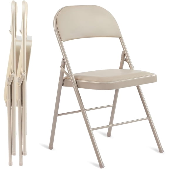 QUIOCOZY 2 Pack Folding Chairs with Leather Padded Cushion Seats & Durable Metal Frame, Comfortable, Foldable, Portable, Commercial Event Seat, Indoor Outdoor for Parties, Home, Office, Kahki
