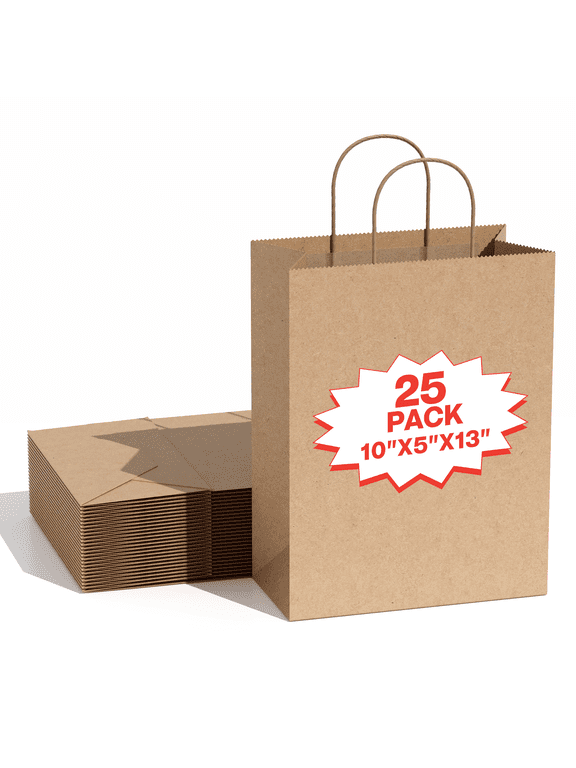 25-Pack 10x5x13 Inch Recycled Kraft Paper Bags with Handles - Natural Brown Gift Bags for Retail, Grocery, Party Favors & Merchandise, Heavy-Duty for Bulky Items