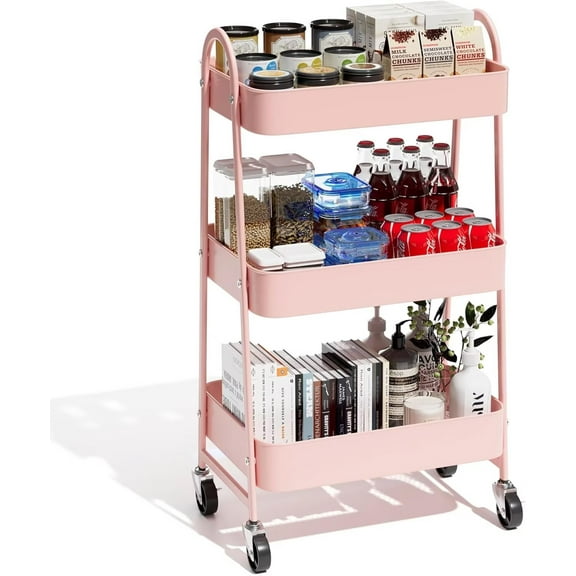 QUIOCOZY 3-Tier Metal Rolling Utility Cart, Mobile Storage Organizer with Lockable Wheels for Kitchen, Bathroom, Living Room & Small Spaces, Pink