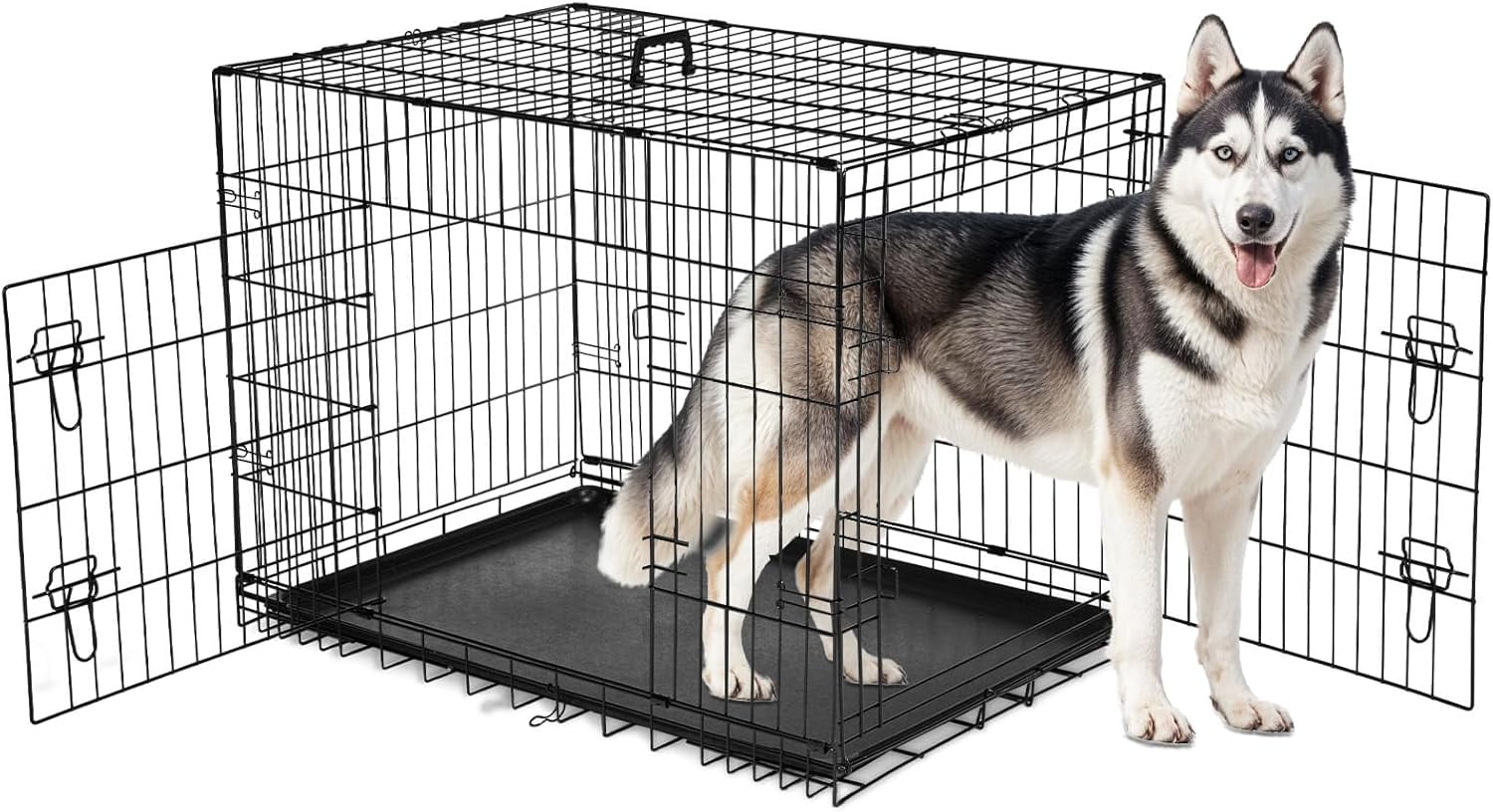 QUIOCOZY 42 Inch Extra Large Double-Door Dog Crate - Enhanced Foldable Metal Pet Kennel with Divider & Removable Tray
