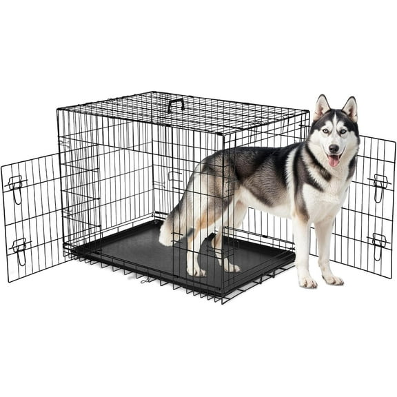 QUIOCOZY 42 Inch Extra Large Double-Door Dog Crate - Enhanced Foldable Metal Pet Kennel with Divider & Removable Tray