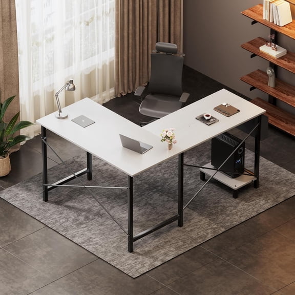 QUIOCOZY 50" L Shaped Gaming Desk with Reversible Corner - Home Office Computer Desk with Wood Top, Metal Frame, CPU Stand & Storage Bag for Small Space, Gaming Room, White
