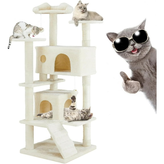 QUIOCOZY 54 Inch Cat Tree Tower - Beige, Multi-Level with Scratching Post & Condo, Detachable Pet Activity Center