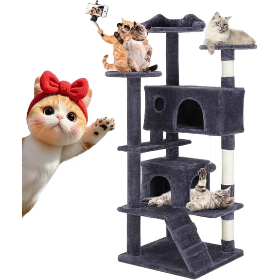 QUIOCOZY 54 Inch Cat Tree Tower - Dark Gray, Multi-Level with Scratching Post & Condo, Detachable Pet Activity Center