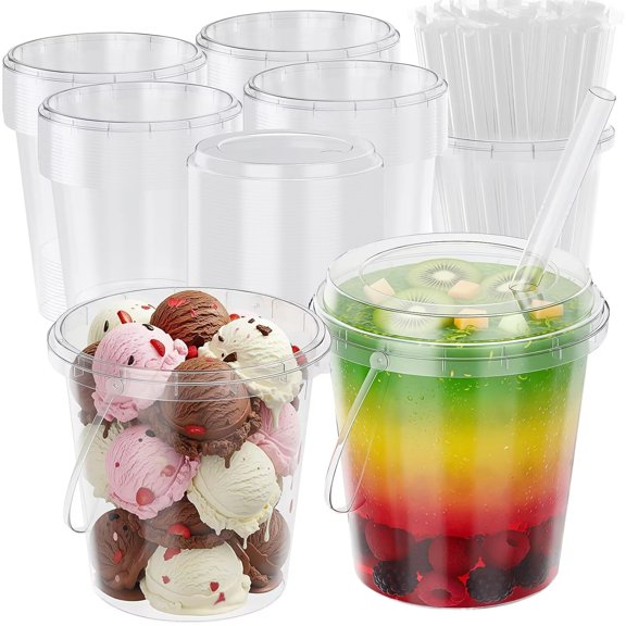 QUIOCOZY 60 Sets Clear Plastic Buckets with Lids and Straws, 24 Oz Drink Bucket with Handle Disposable Cocktail Pails for Beach Pool Halloween Football Parties Bar Beer