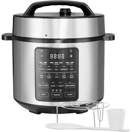 QUIOCOZY 6QT Electric Pressure Cooker, 12-in-1 Stainless Steel Multi Cooker, Non-Stick Pot, Dishwasher Safe, Silver