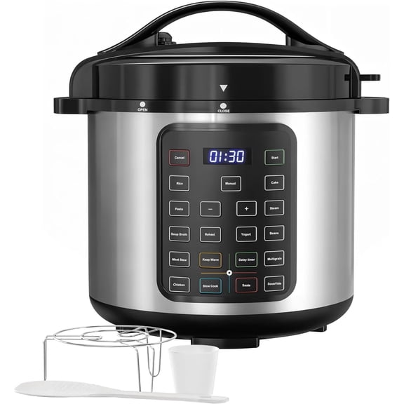 QUIOCOZY 8QT Electric Pressure Cooker, 16-in-1 Stainless Steel Multi Cooker, Non-Stick Pot, Dishwasher Safe, Silver