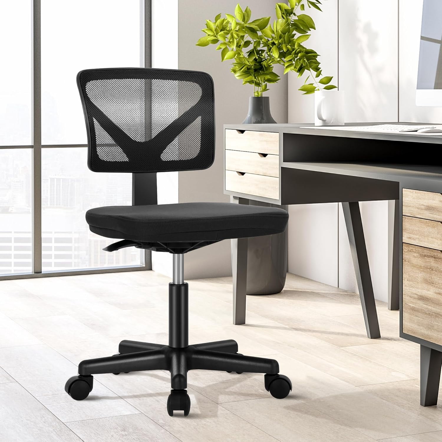 QUIOCOZY Armless Small Home Office Desk Chair, Ergonomic Low Back Computer Chair, Adjustable Rolling Swivel Task Chair with Lumbar Support for Small Space
