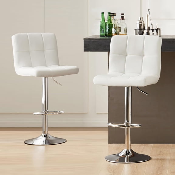 QUIOCOZY Bar Stools Set of 2, Armless Hydraulic Kitchen Height Counter Bar Stools, PU Leather Adjustable Swivel Barstools, Thickened Square Seat Cushion Barstool with Back