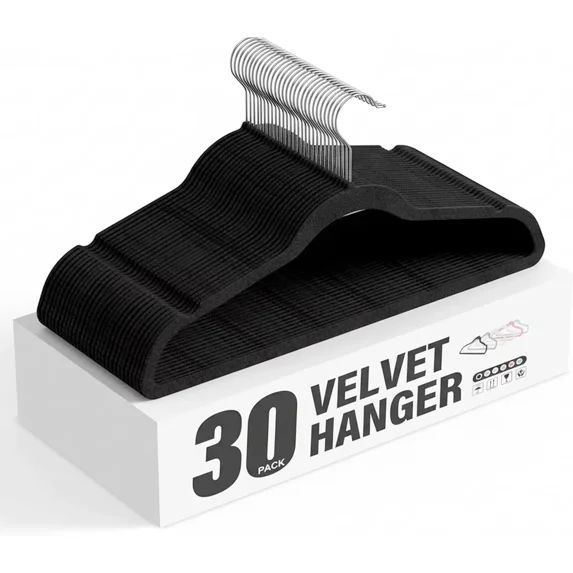 QUIOCOZY Black Velvet Hangers 30 Count - Heavy Duty, Non-Slip Design with Shoulder Notches & 360° Rotating Hooks
