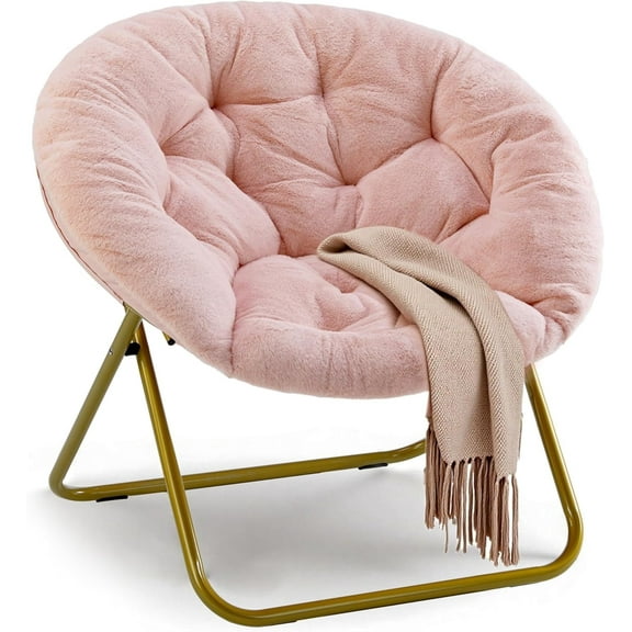 QUIOCOZY Comfy Faux Fur Saucer Chair for Bedroom – Round Moon Chair for Adults & Teens with Foldable Metal Frame