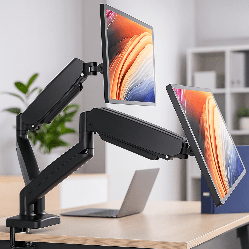 QUIOCOZY Dual Monitor Stand - Fully Adjustable 2 Monitors Arm for 13-32 Inch Screens, Holds up to 17.6lbs per Arm, with C-Clamp and Grommet Base, VESA Mount 75x75mm & 100x100mm