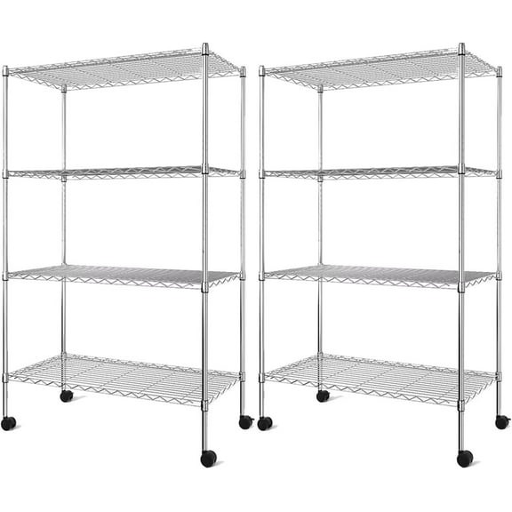 QUIOCOZY Heavy Duty 4-Tier Wire Shelving with Wheels, Adjustable Steel Storage Rack, 1000 Lb Capacity, Chrome, 36" x 18" x 61", 2 Pack