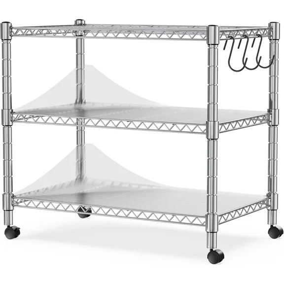 QUIOCOZY Heavy Duty Metal Storage Shelving Unit, Compact 3 Tier Adjustable Wire Rack with Wheels, 2 PP Shelf Liners and Hooks, 24" x 14" x 22", Chrome