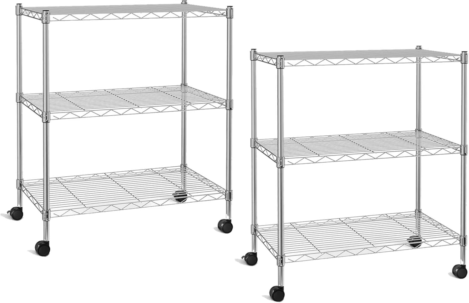 QUIOCOZY Heavy Duty Metal Storage Shelving Unit, 3 Tier Adjustable Wire Rack with Wheels, 750 Lbs Loading Capacity, 24"x14"x30", Chrome, 2 Pack