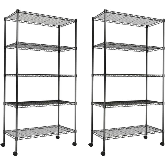 QUIOCOZY Heavy Duty Metal Storage Shelving Unit, 5 Tier Adjustable Wire Rack with Wheels, 1250 Lbs Loading Capacity, 30"x14"x63", Black, 2 Pack