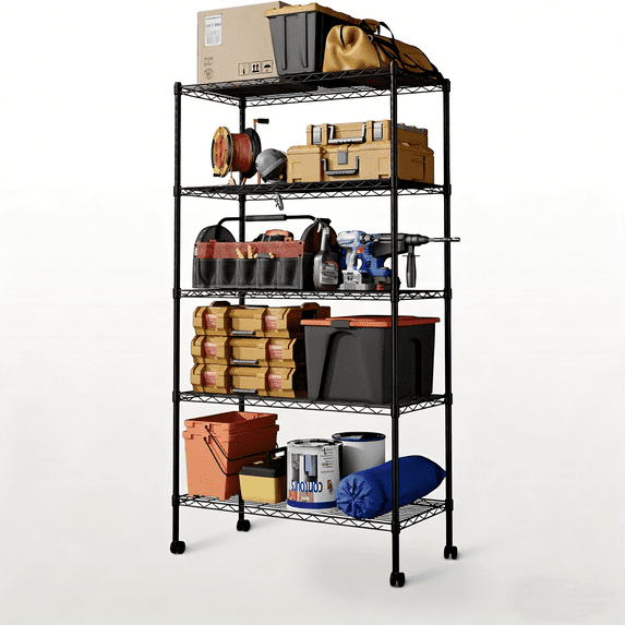 QUIOCOZY Heavy Duty Metal Storage Shelving Unit, 5 Tier Wire Rack with Wheels, 1250 lbs Load Capacity, 30"x14"x63", Black