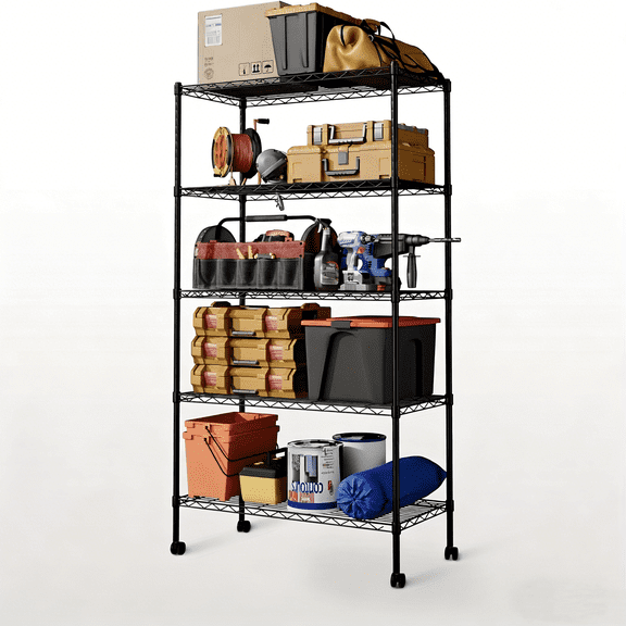 QUIOCOZY Heavy Duty Metal Storage Shelving Unit, 5 Tier Wire Rack with Wheels, 1250 lbs Load Capacity, 30"x14"x63", Black