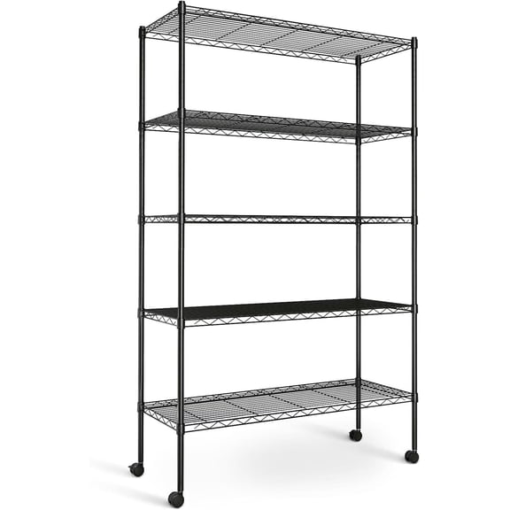 QUIOCOZY Heavy Duty Metal Storage Shelving Unit, 5 Tier Adjustable Wire Rack with Wheels, 1250 Lbs Loading Capacity, 36"x14"x61", Black