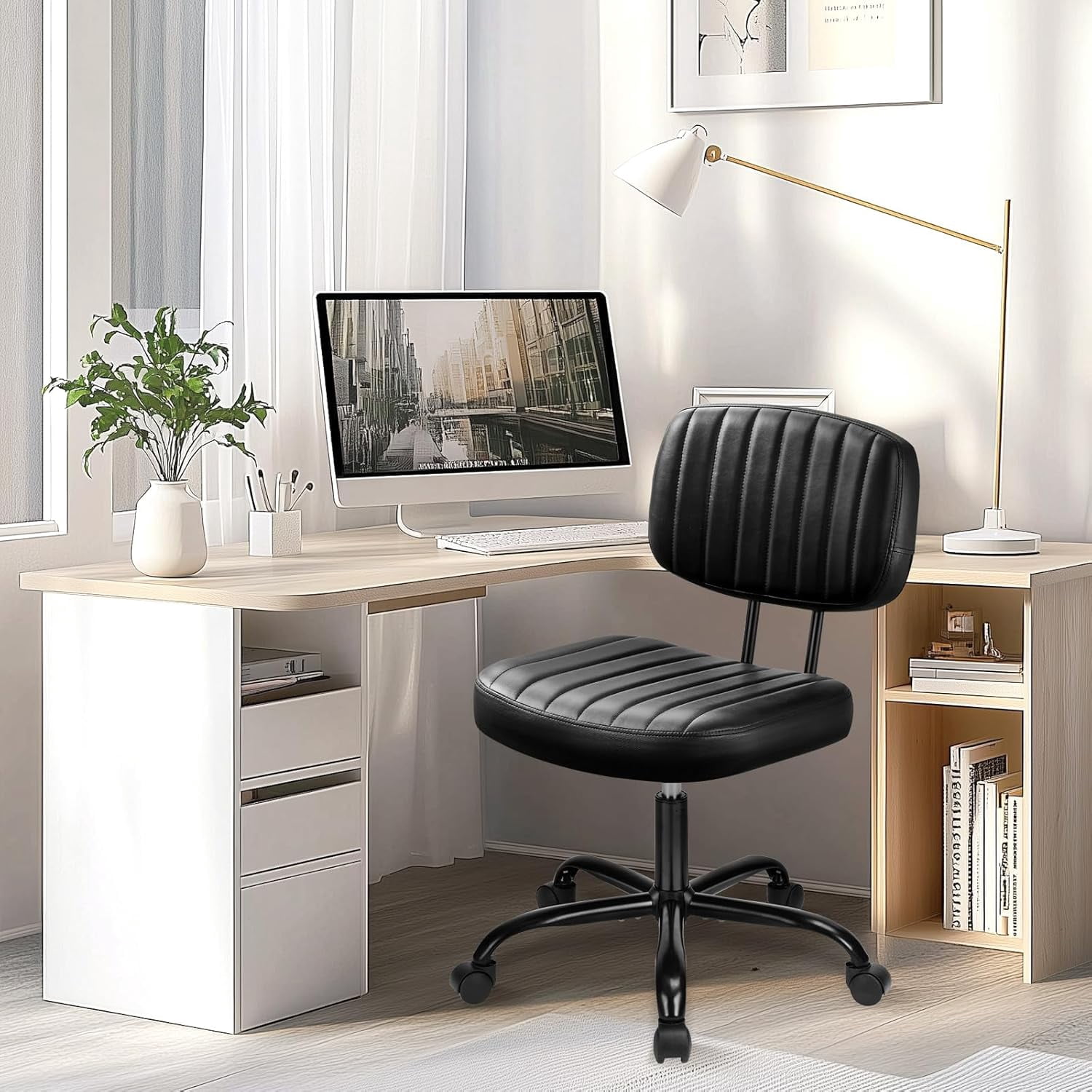 QUIOCOZY Home Office Desk Chair with Low Back and Wheels PU Leather Computer Chair Ergonomic Adjustable Height Comfy Chair Armless with Swivel Rolling Vanity Chairs for Bedroom Adult Black