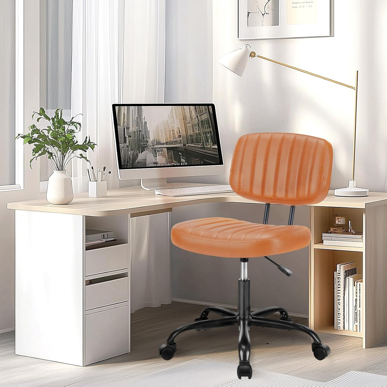 QUIOCOZY Home Office Desk Chair with Low Back and Wheels PU Leather Computer Chair Ergonomic Adjustable Height Comfy Chair Armless with Swivel Rolling Vanity Chairs for Bedroom Adult Brown