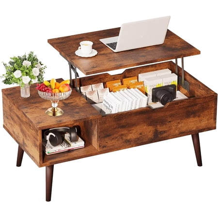 QUIOCOZY Lift Top Coffee Table with Storage Shelf and Hidden Compartment, 39.3" Modern Wooden Rising Coffee Tables for Living Room, Rustic Brown