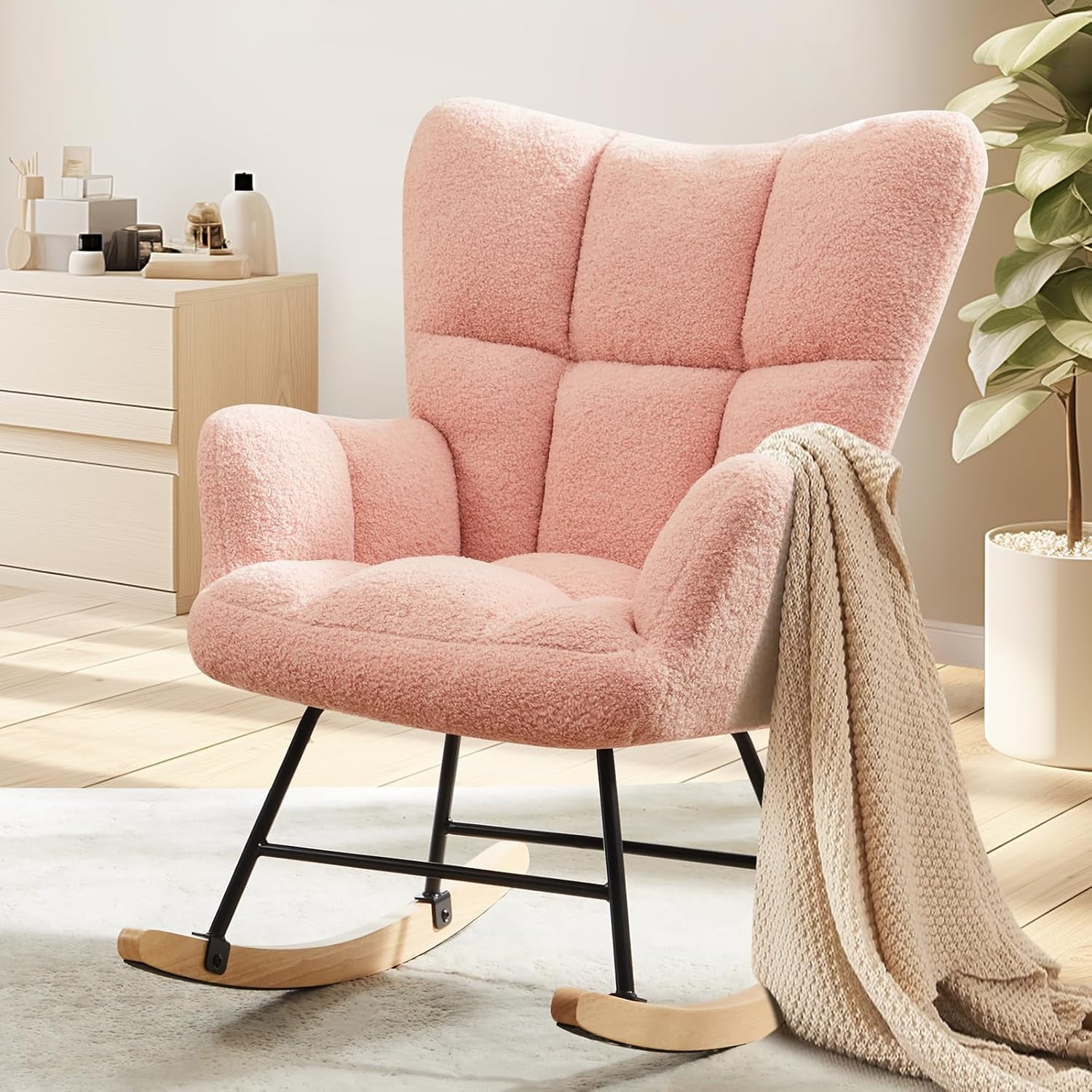 QUIOCOZY Nursery Rocking Chairs, Teddy Upholstered Glider Recliner Rocking Chair with High Backrest Armchair, Comfy Reading Chair Fluffy Accent Side Chair for Nursing, Living Room, Bedroom
