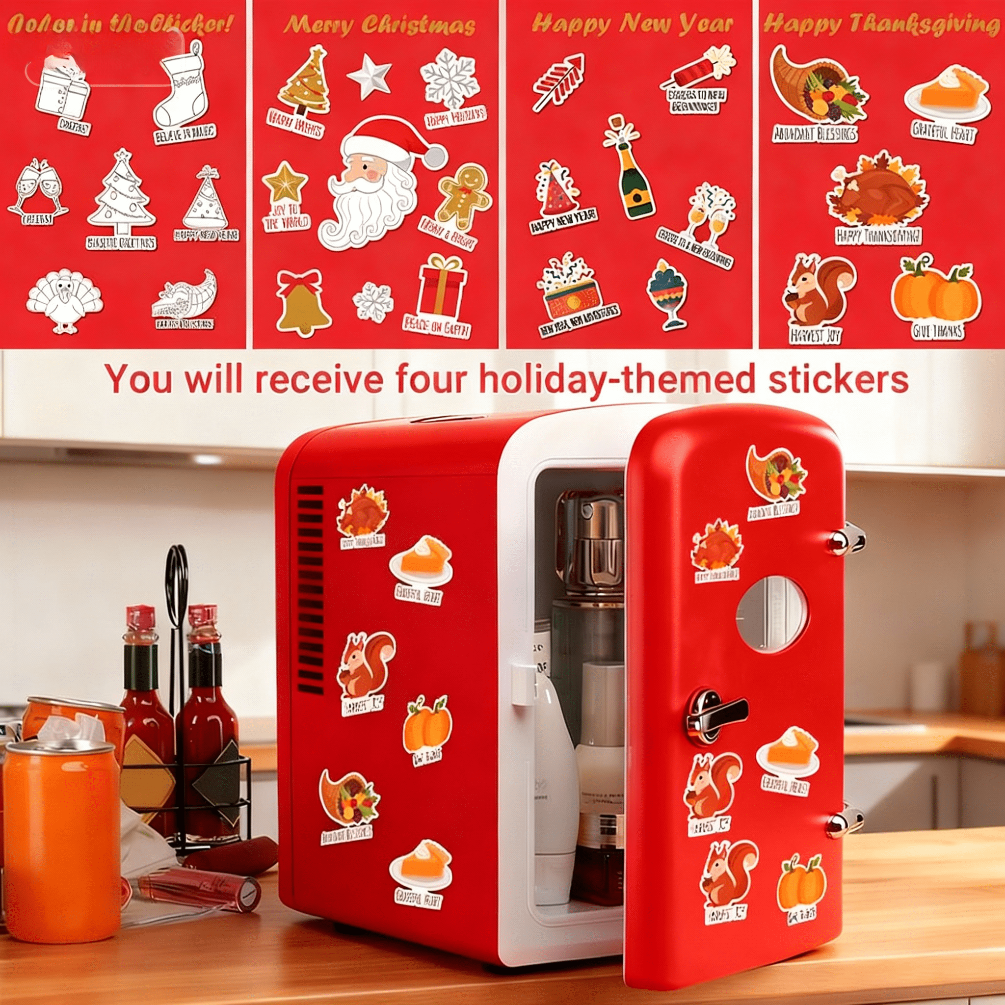 QUIOCOZY Red 4L/6 Can Mini Fridge - Portable Cooler & Warmer with Window, Freon-Free Aesthetic Fridge for Skincare/Beverage - Perfect Thanksgiving, Christmas & New Year Gift with Stickers