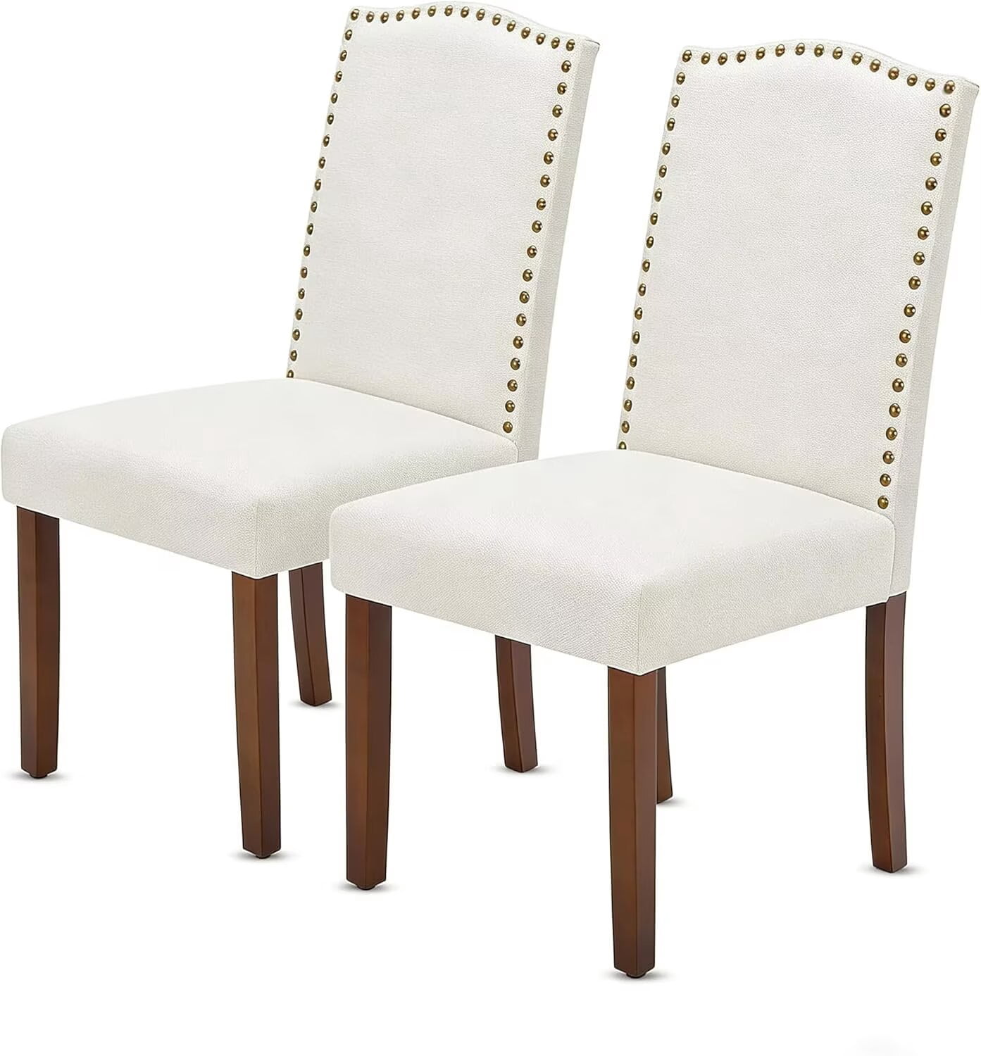 QUIOCOZY Upholstered Parsons Dining Chair, Faux Leather Dining Room Chair with Solid Wood Legs and Nailhead Trim, Side Chair for Hotel, Restaurant, and Meeting Room, Set of 2, Beige