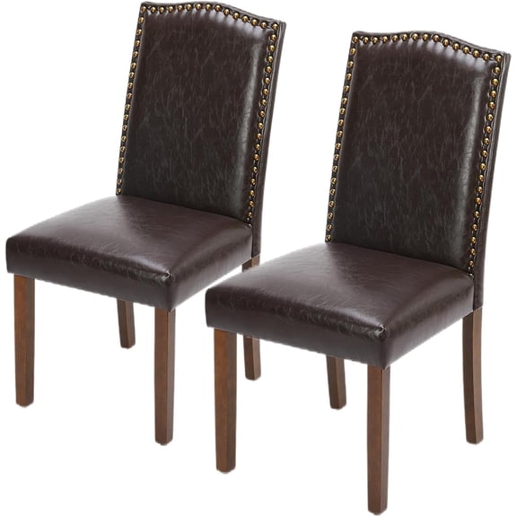 QUIOCOZY Upholstered Parsons Dining Chair, Faux Leather Dining Room Chair with Solid Wood Legs and Nailhead Trim, Side Chair for Hotel, Restaurant, and Meeting Room, Set of 2, Dark Brown