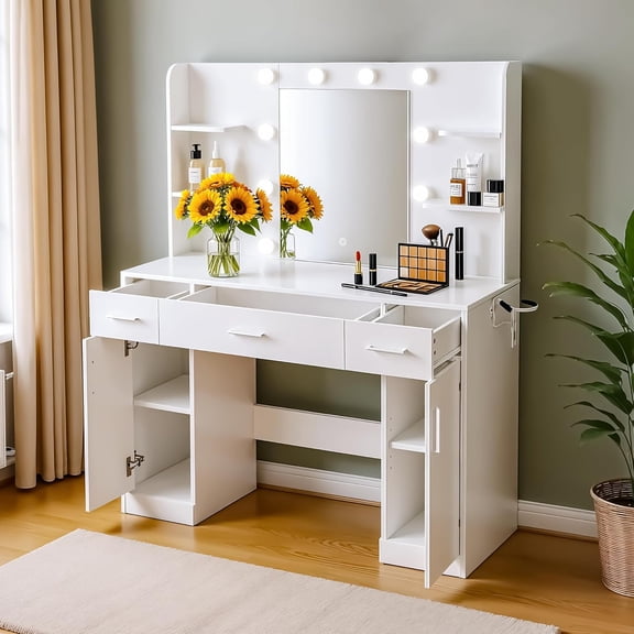 QUIOCOZY White Bedroom Dressing Table with Mirror - 3-Color Light Options, Adjustable Brightness for Home Vanity