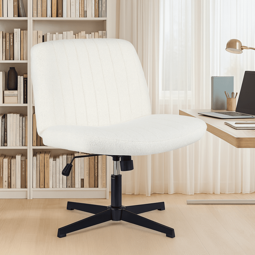 QUIOCOZY Wide Criss Cross Leg Chair, Swivel Office Desk Chair, Adjustable Faux Fur Computer Task Chair, Comfy Armless Vanity Makeup Chair without Wheels for Home & Office