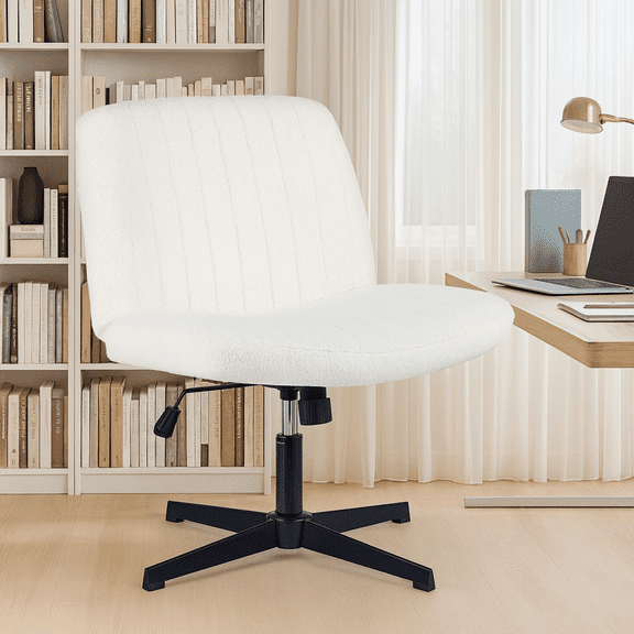 QUIOCOZY Wide Criss Cross Leg Chair, Swivel Office Desk Chair, Adjustable Faux Fur Computer Task Chair, Comfy Armless Vanity Makeup Chair without Wheels for Home & Office
