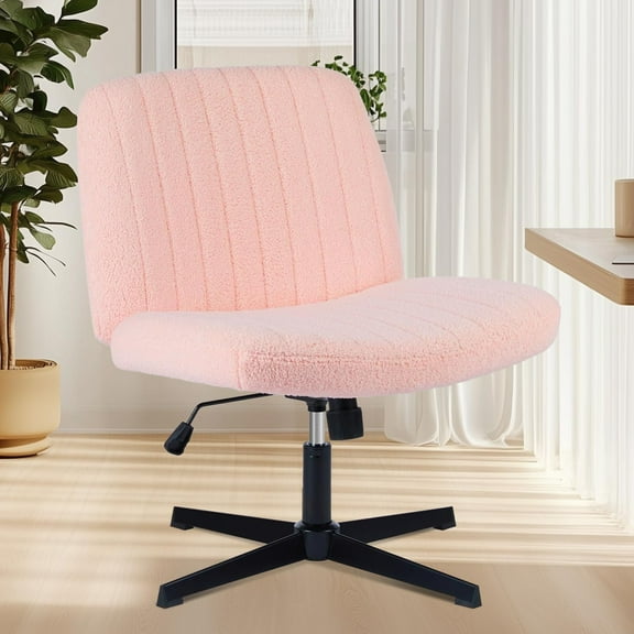 QUIOCOZY Wide Criss Cross Leg Chair, Swivel Office Desk Chair, Adjustable Faux Fur Computer Task Chair, Comfy Armless Vanity Makeup Chair without Wheels for Home & Office