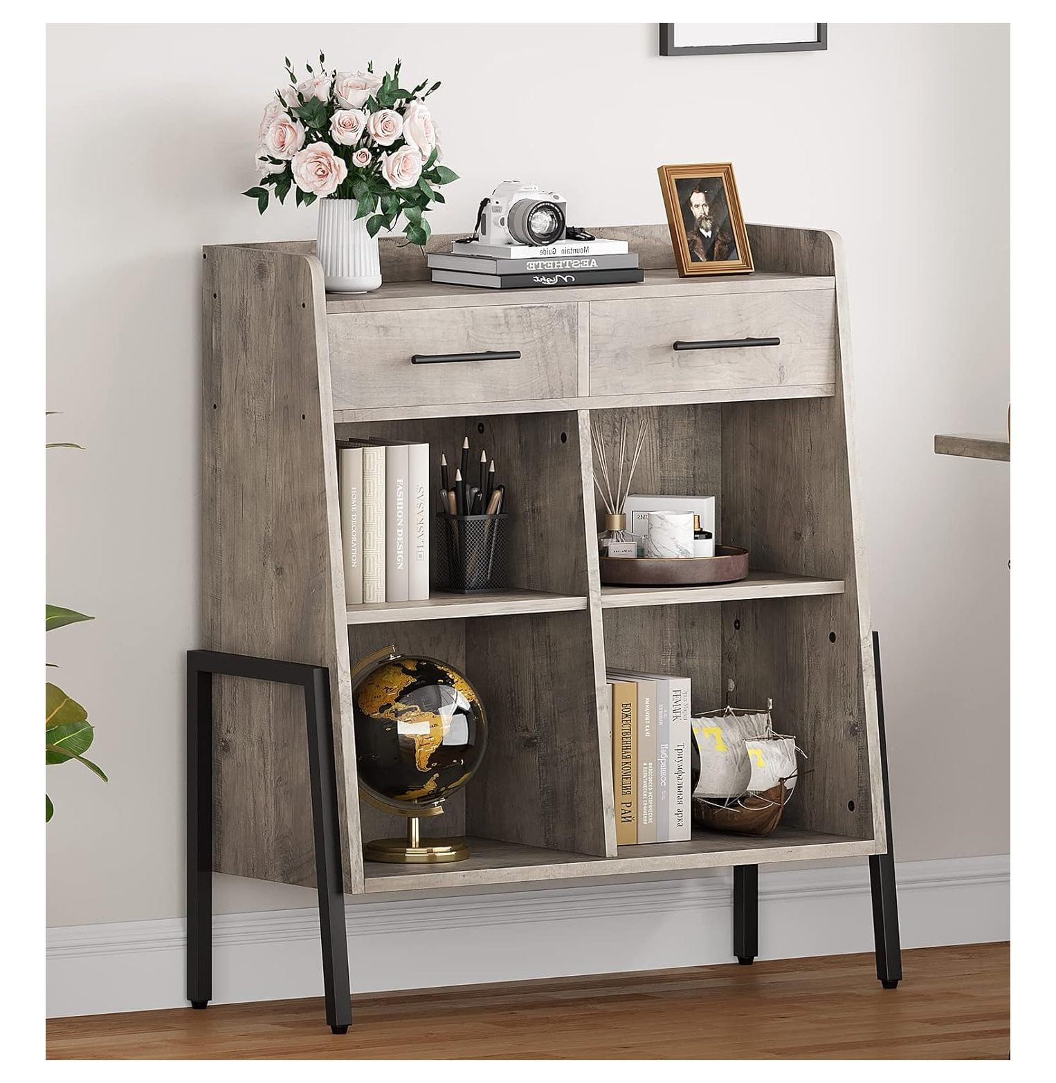 QUIRhait Bookcase Horizontal Bookshelf Short Bookcases with Drawers