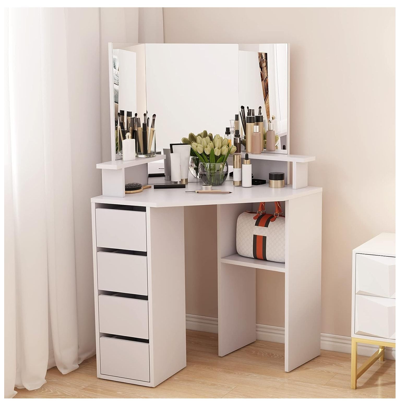 QUIRhait Corner Vanity Desk with Mirror, Tri Fold Mirror White Makeup