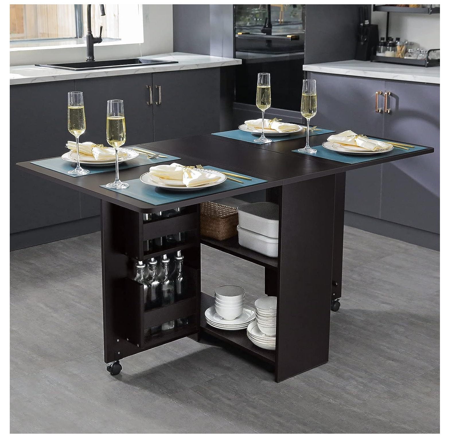 QUIRhait Folding Dining Table with 4 Storage Racks Drop Leaf Dining ...
