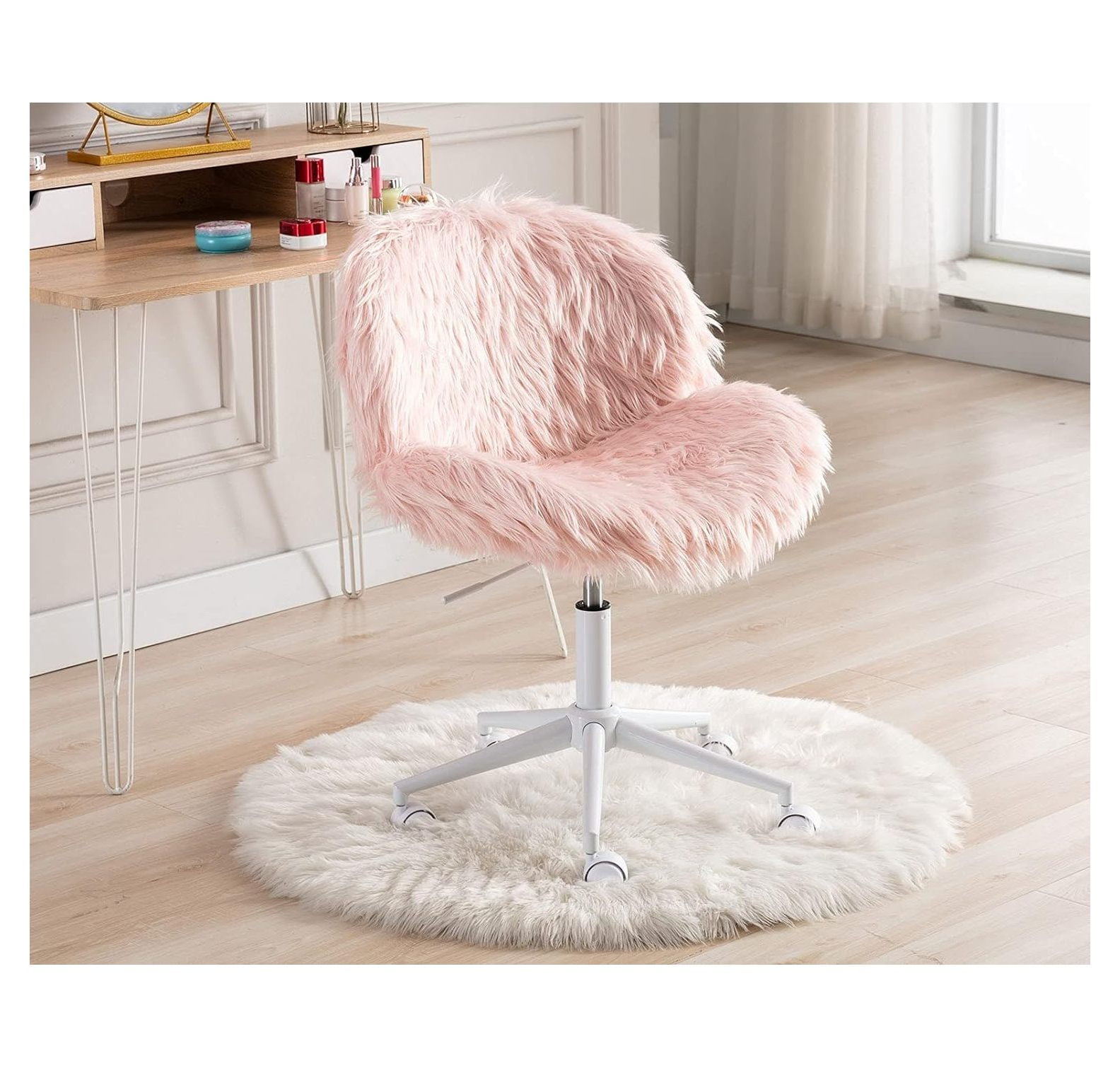 QUIRhait Fuzzy Vanity Chair Faux Fur Cute Fluffy Task Armless Chair Swivel Rolling Makeup Chair
