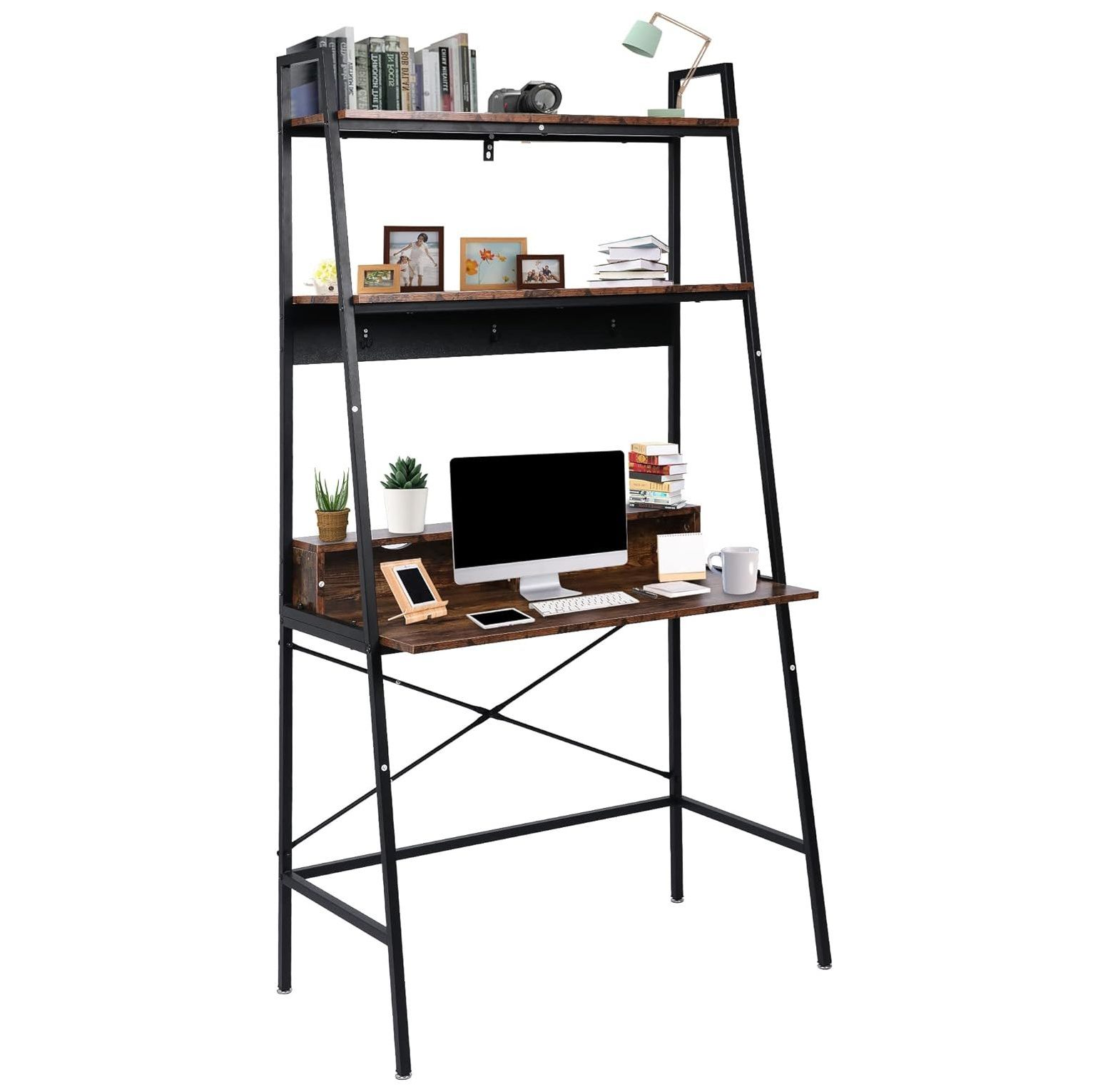 QUIRhait Ladder Desk with Countertop, 3Tier Ladder Shelf Desk, 36