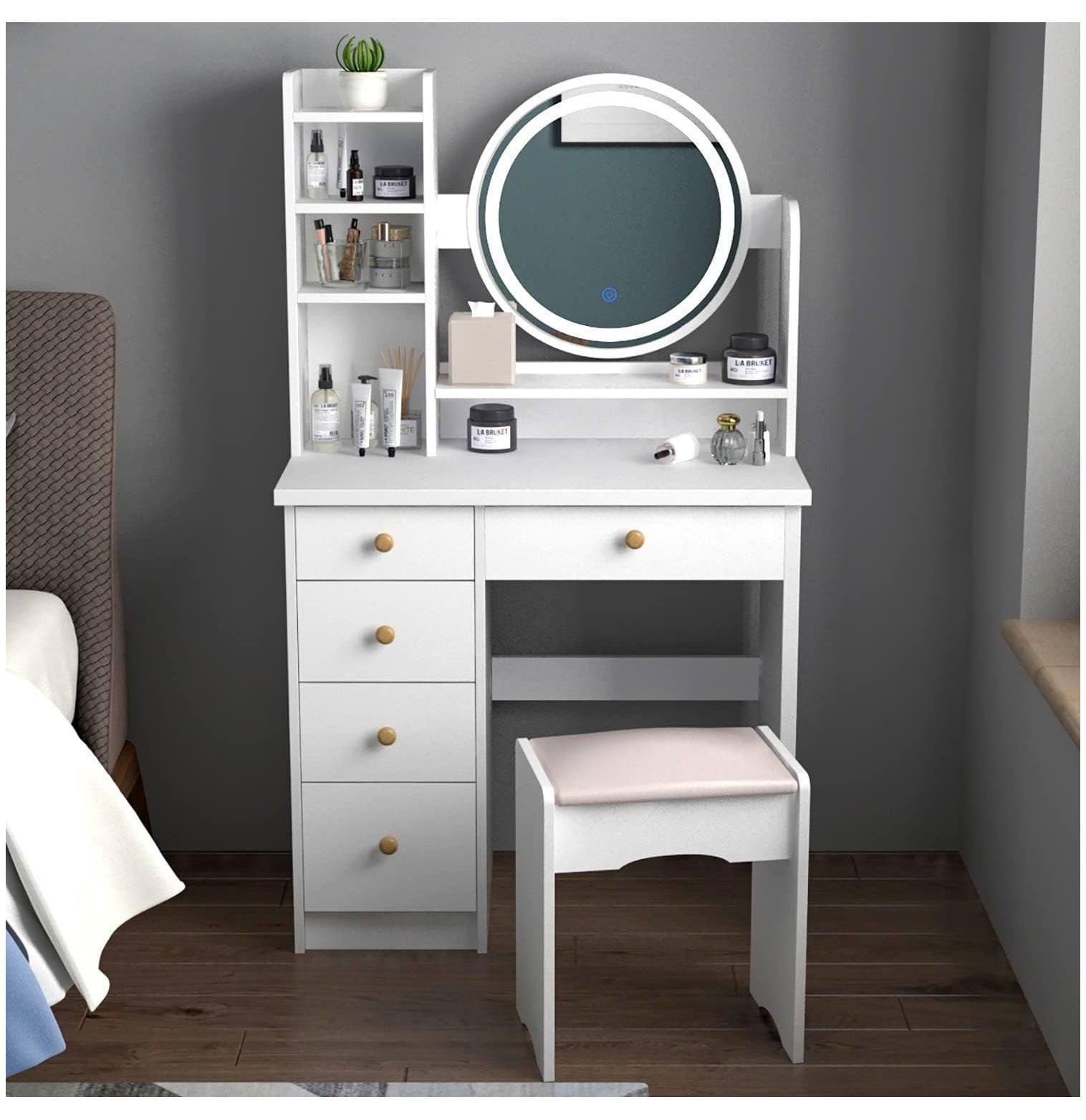 QUIRhait Vanity Set with Round Mirror, Makeup Vanity Dressing Table with 5 Drawers, Shelves