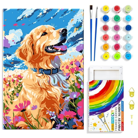 QUITEDEW Dog Paint by Numbers Kits for Adults,Flower Oil Painting on Canvas with Frame,Gift and Decor 8x12 Inch