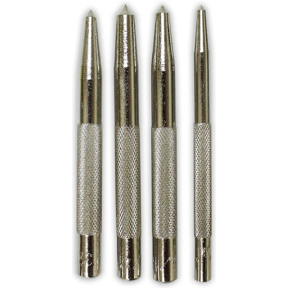QUIX 4 Piece Center Punches Set | Heat-Treated Carbon Steel Construction | Sizes: 1/4" , 3/16" , 5/32" , 1/8" | Length: 3.5" (8.9 cm) | Ideal for Precise Marking & Pre-Drilling | Knurled Grip Design