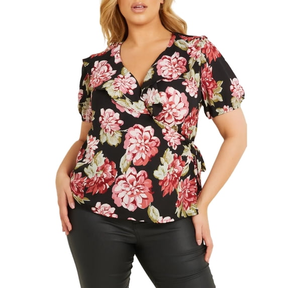 QUIZ Women's Floral Print Surplice Neckline Wrap Blouse Top-Black / 12