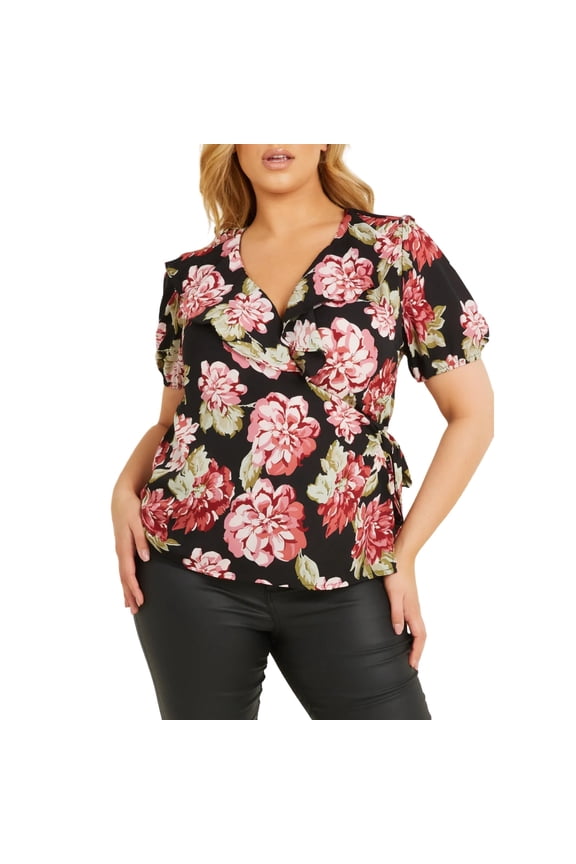 Women's Floral Print Surplice Neckline Wrap Blouse Top-Black / 14