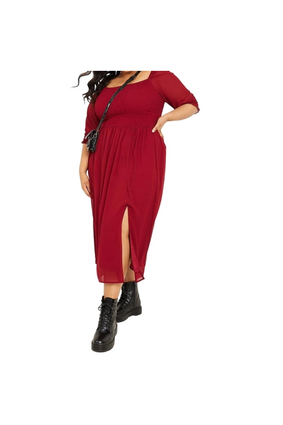 Women's Plus Chiffon Ruched Detail Quarter Sleeve Midi Dress-Red / 14