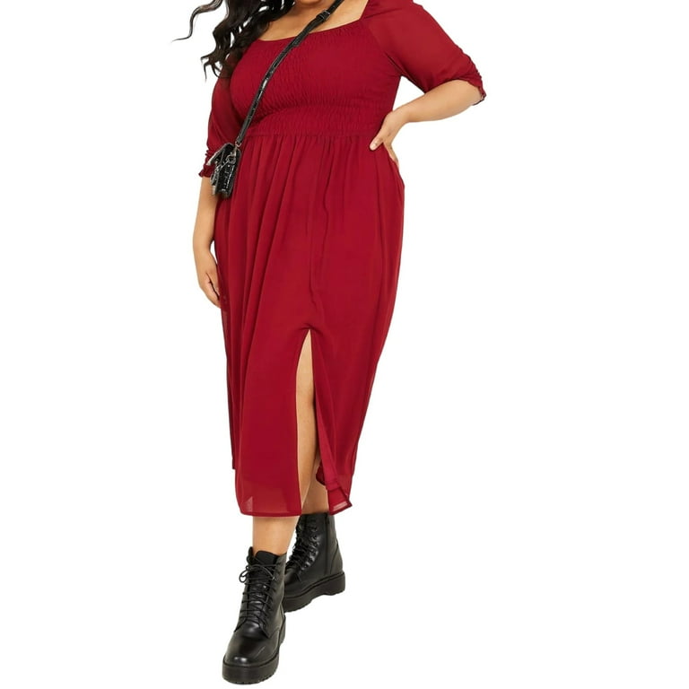 Quiz Women s Plus Chiffon Ruched Detail Quarter Sleeve Midi Dress Red 18