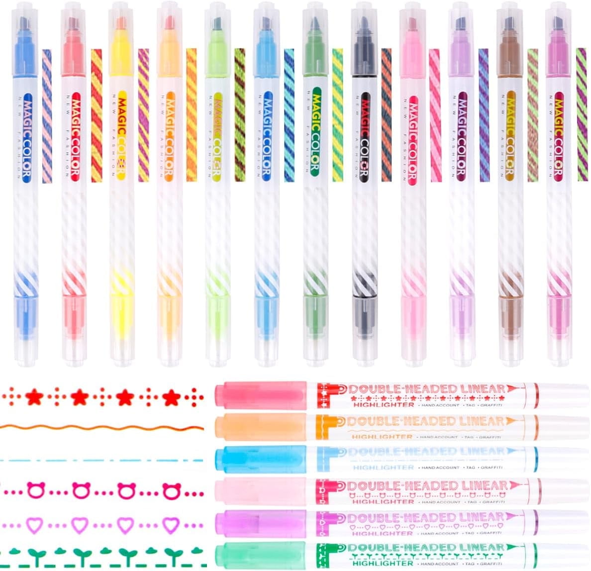 WSNIJFU 18Pcs Magic Highlighter Marker Pens, Dual Tip Colored Curve Highlighter Pen, Assorted Colors Highlighters Changing Color Markers Pastel Pen Diary Cartoon DIY Note Taking Painting